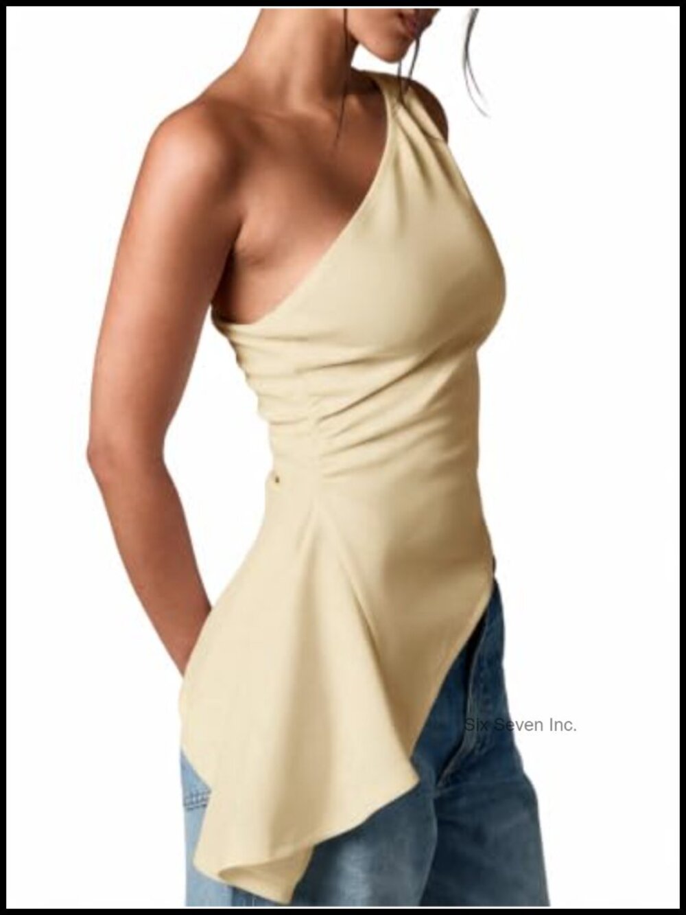 Women Ruched Asymmetrical One Shoulder Tank Top Polyester Elastane Fitted